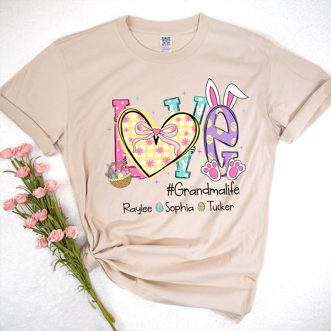 Grandma Easter Shirt - LOVE Bunny Ears Graphic Tee - Personalized Grandkids Names - #Grandmalife Gift - Cute Spring Pink T-Shirt