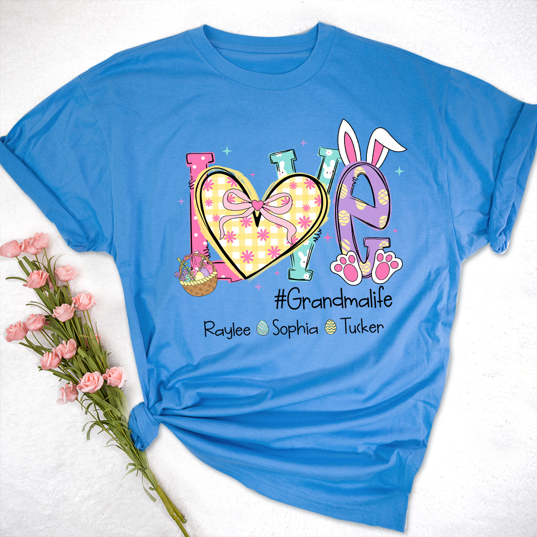 Grandma Easter Shirt - LOVE Bunny Ears Graphic Tee - Personalized Grandkids Names - #Grandmalife Gift - Cute Spring Pink T-Shirt