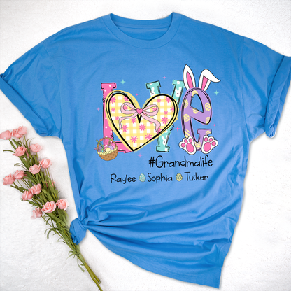 Grandma Easter Shirt - LOVE Bunny Ears Graphic Tee - Personalized Grandkids Names - #Grandmalife Gift - Cute Spring Pink T-Shirt