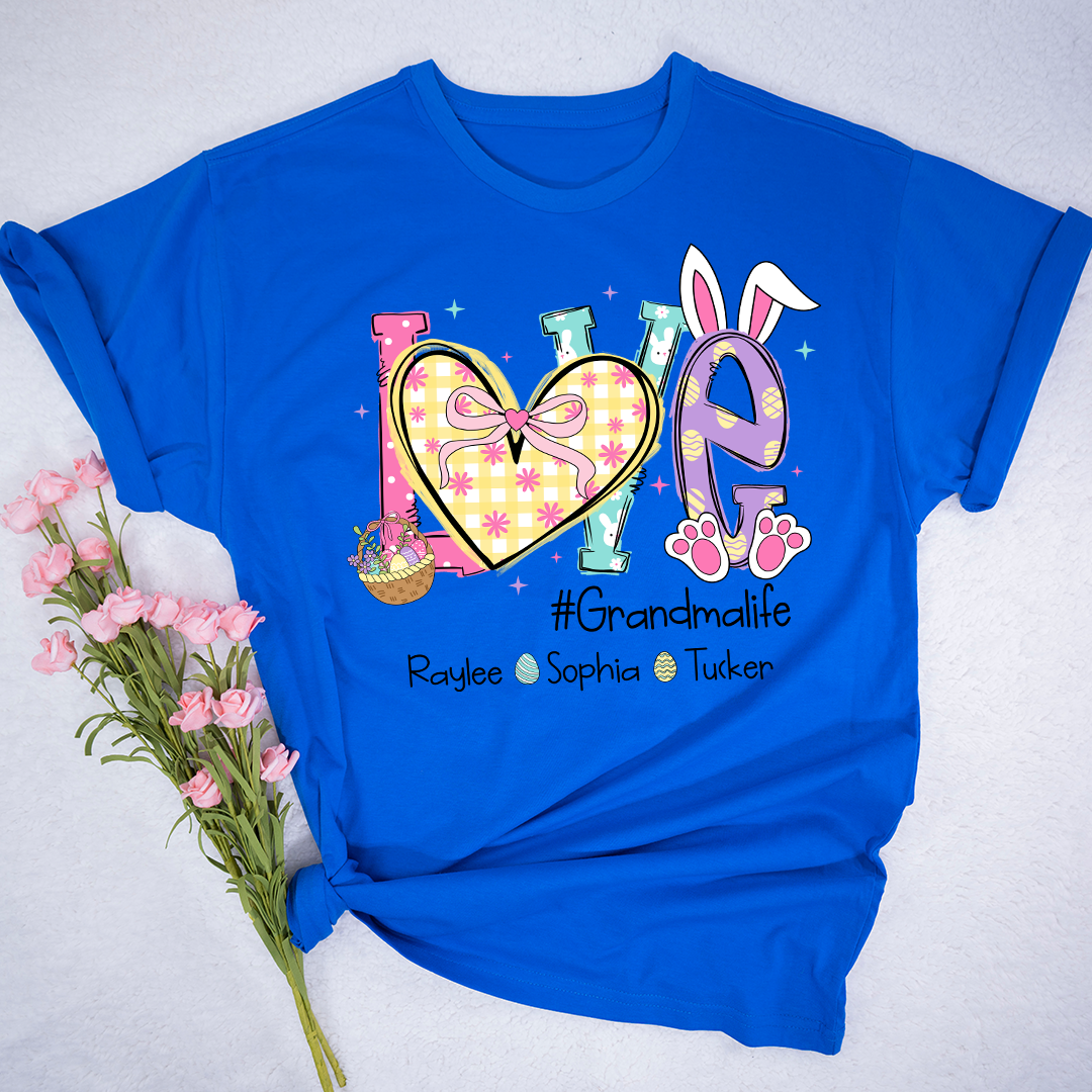 Grandma Easter Shirt - LOVE Bunny Ears Graphic Tee - Personalized Grandkids Names - #Grandmalife Gift - Cute Spring Pink T-Shirt