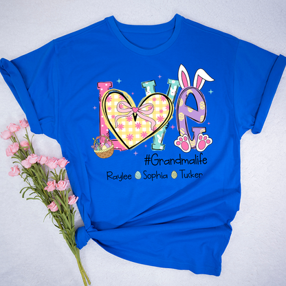 Grandma Easter Shirt - LOVE Bunny Ears Graphic Tee - Personalized Grandkids Names - #Grandmalife Gift - Cute Spring Pink T-Shirt