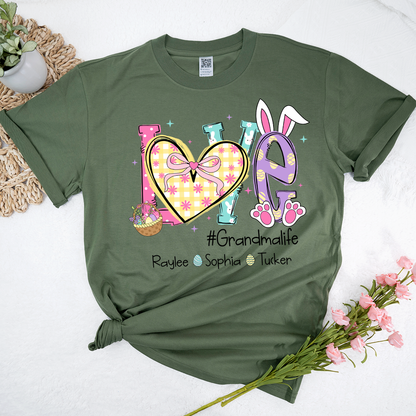 Grandma Easter Shirt - LOVE Bunny Ears Graphic Tee - Personalized Grandkids Names - #Grandmalife Gift - Cute Spring Pink T-Shirt