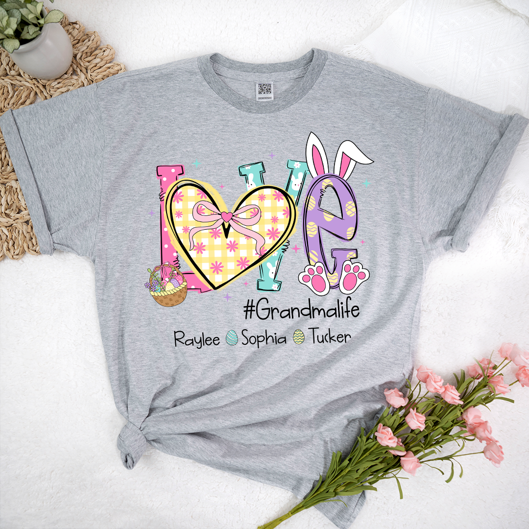 Grandma Easter Shirt - LOVE Bunny Ears Graphic Tee - Personalized Grandkids Names - #Grandmalife Gift - Cute Spring Pink T-Shirt