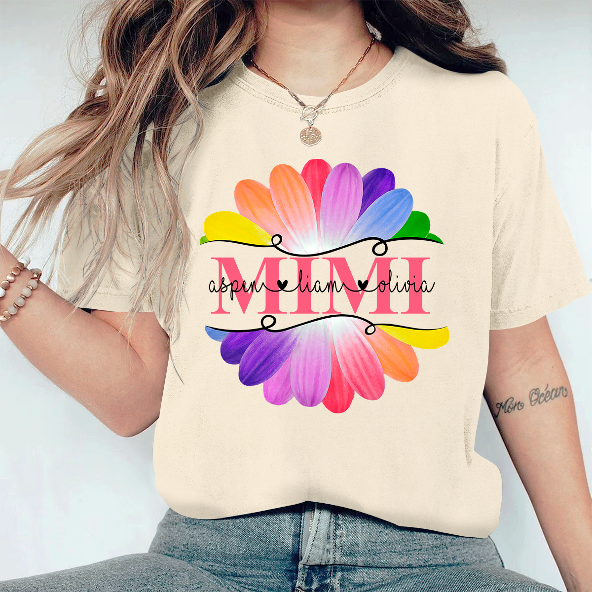 Personalized Mimi And Grandkids Flower Rainbow Comfort Colors T-Shirt