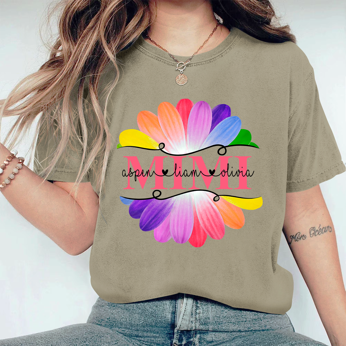 Personalized Mimi And Grandkids Flower Rainbow Comfort Colors T-Shirt