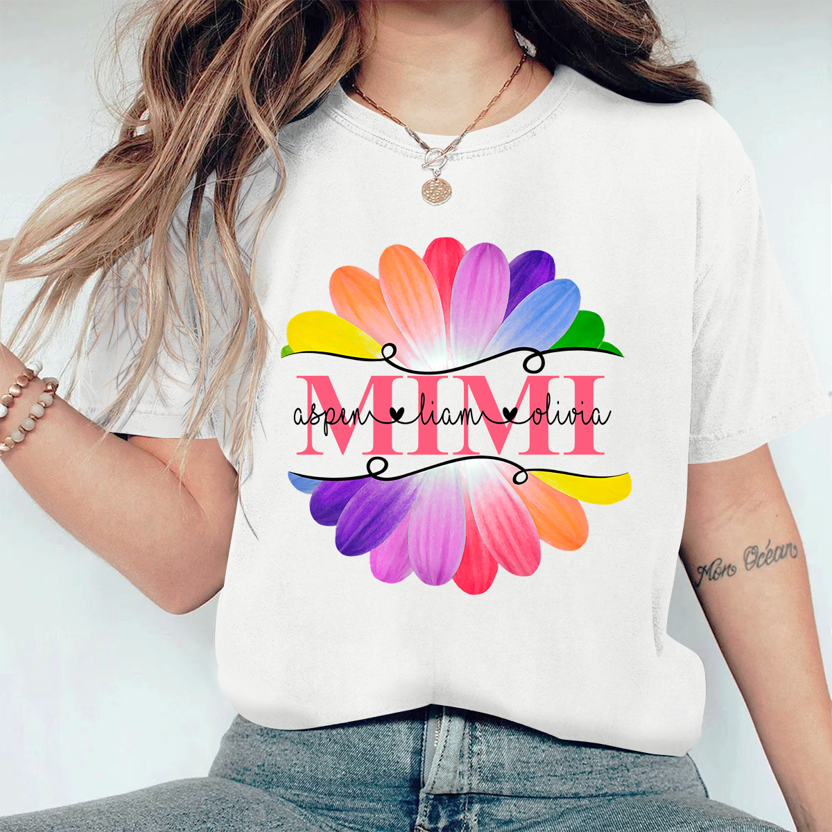 Personalized Mimi And Grandkids Flower Rainbow Comfort Colors T-Shirt