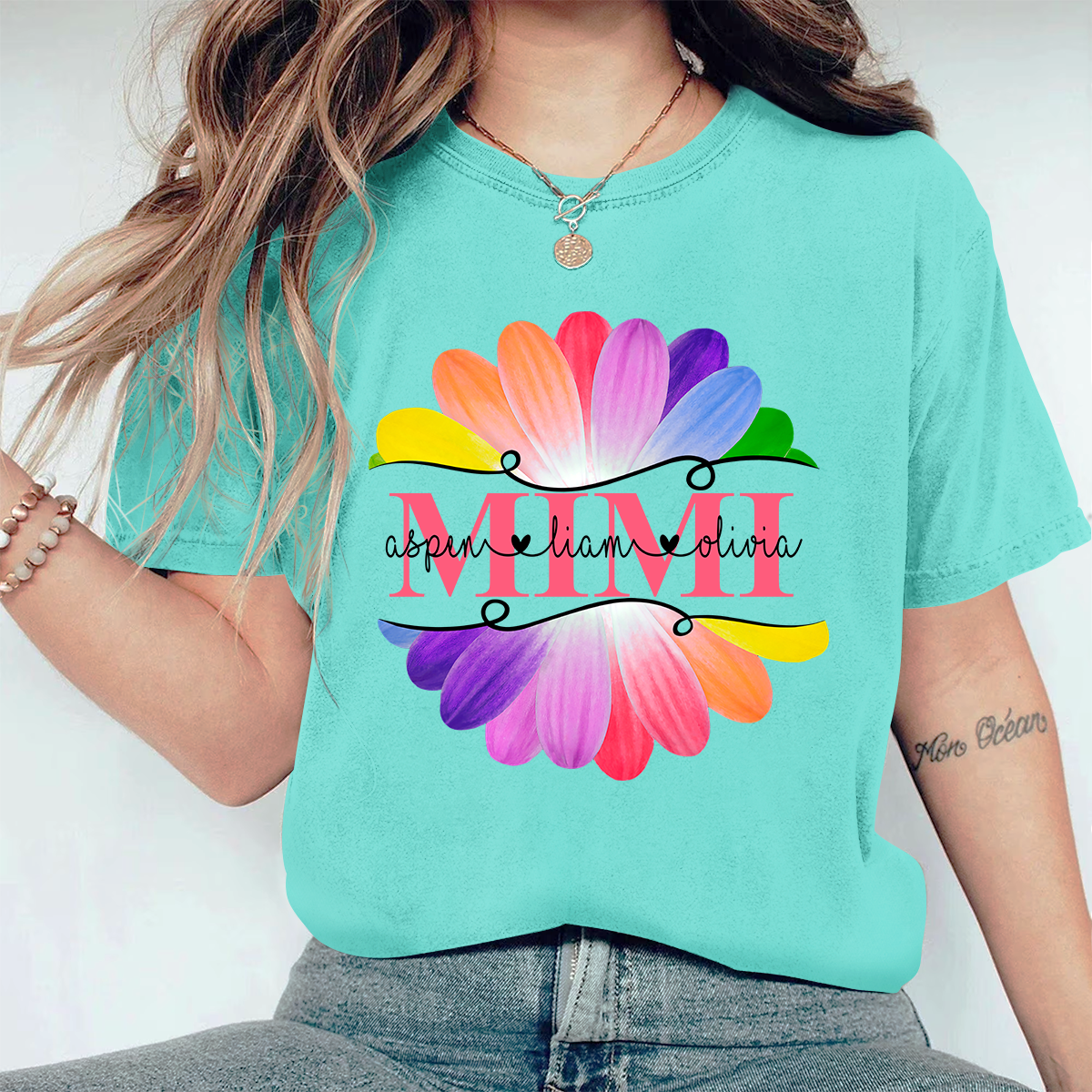 Personalized Mimi And Grandkids Flower Rainbow Comfort Colors T-Shirt