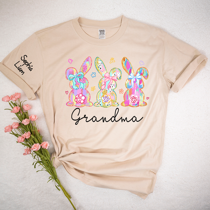 Personalized Grandma Bunny Shirt With Kids Names, Colorful Easter Rabbit Graphic Tee, Custom Family Spring Shirt for Grandma Mimi Nana Gigi