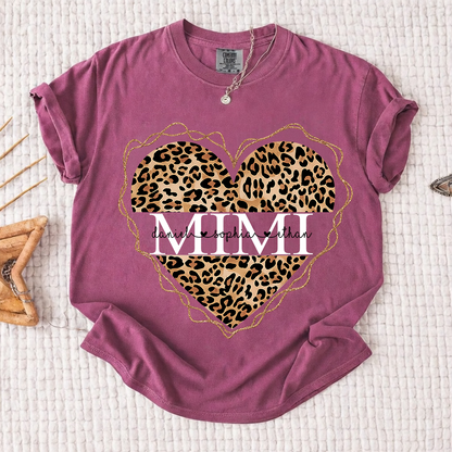 Comfort Colors Personalized Mimi Shirt Leopard Heart Design Custom Grandma Nana Gigi Name Tee with Grandkids Names Trendy Family Outfit for Women