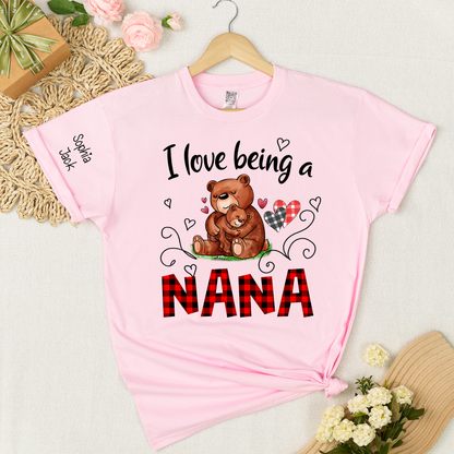 Personalized I Love Being a Nana T-shirt with Custom Names, Cute Bear Graphic, Customizable Gift for Nana