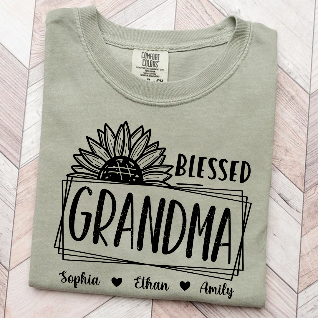 Comfort Colors Blessed Grandma Sunflower Tee with Personalized Names - Gift for Grandma, Mother's Day or Birthday Shirt