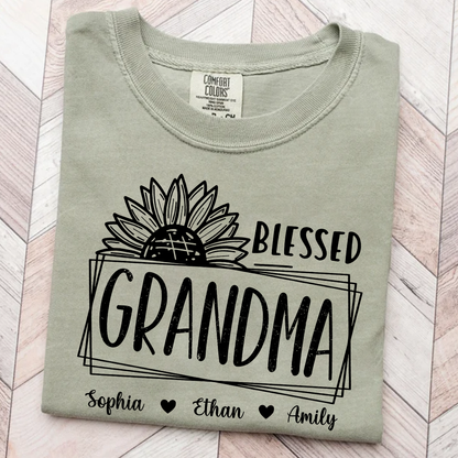 Comfort Colors Blessed Grandma Sunflower Tee with Personalized Names - Gift for Grandma, Mother's Day or Birthday Shirt
