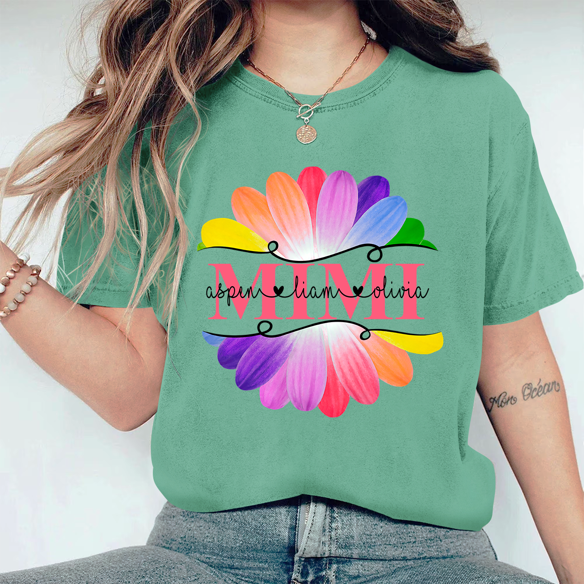 Personalized Mimi And Grandkids Flower Rainbow Comfort Colors T-Shirt