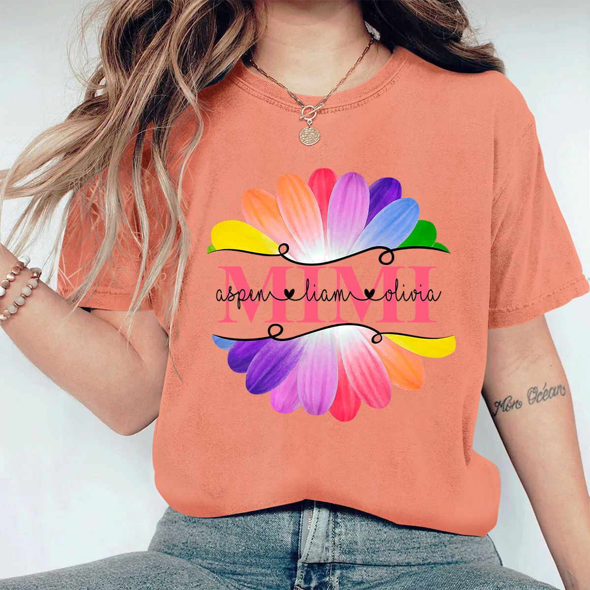 Personalized Mimi And Grandkids Flower Rainbow Comfort Colors T-Shirt