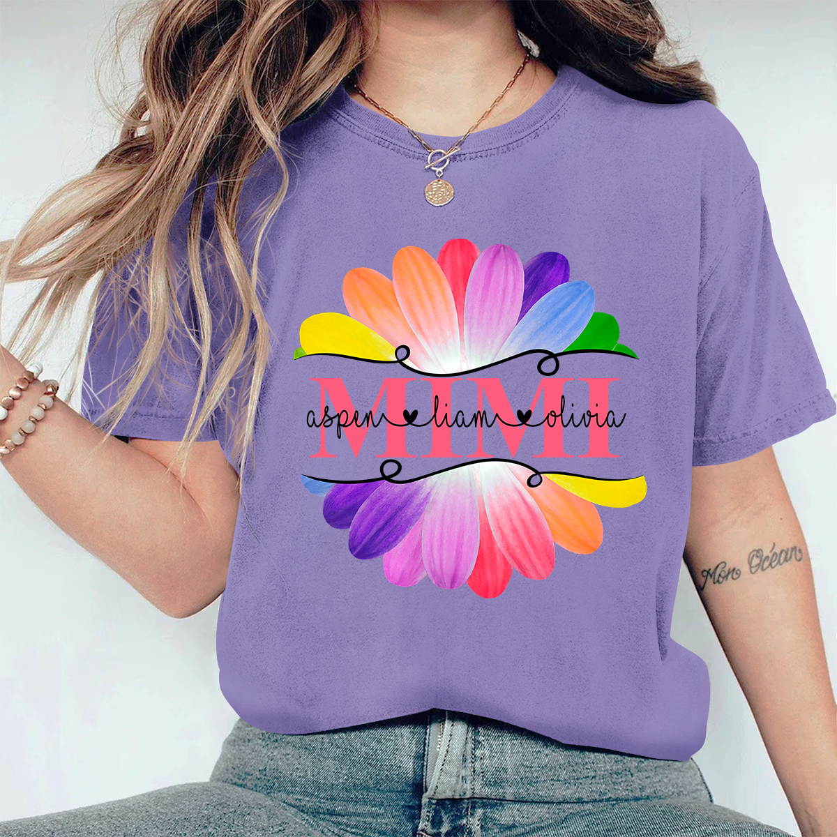 Personalized Mimi And Grandkids Flower Rainbow Comfort Colors T-Shirt