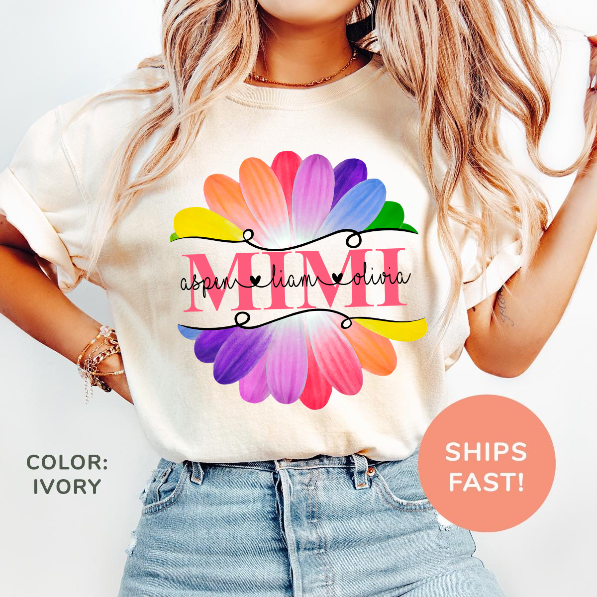 Personalized Mimi And Grandkids Flower Rainbow Comfort Colors T-Shirt