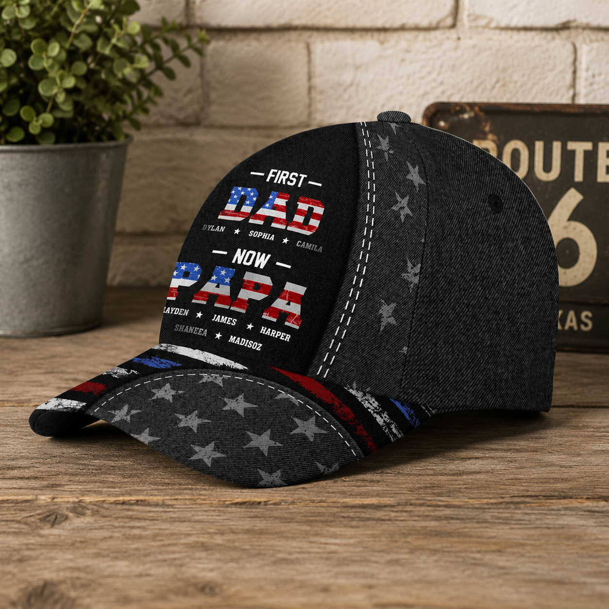 First Dad Now Papa Hat – Custom Name Baseball Cap with Patriotic Stars, Perfect for Father’s Day