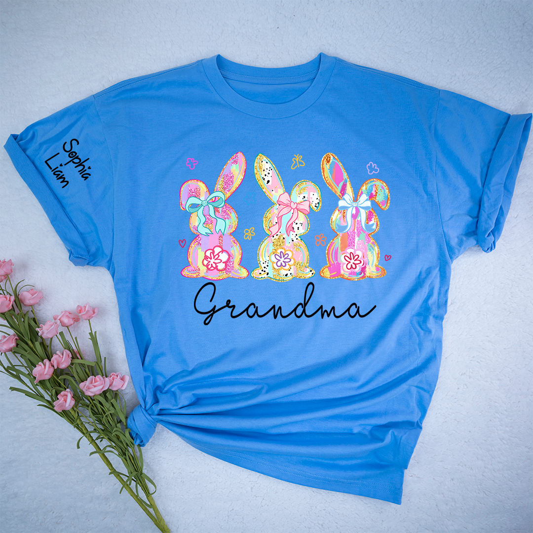 Personalized Grandma Bunny Shirt With Kids Names, Colorful Easter Rabbit Graphic Tee, Custom Family Spring Shirt for Grandma Mimi Nana Gigi