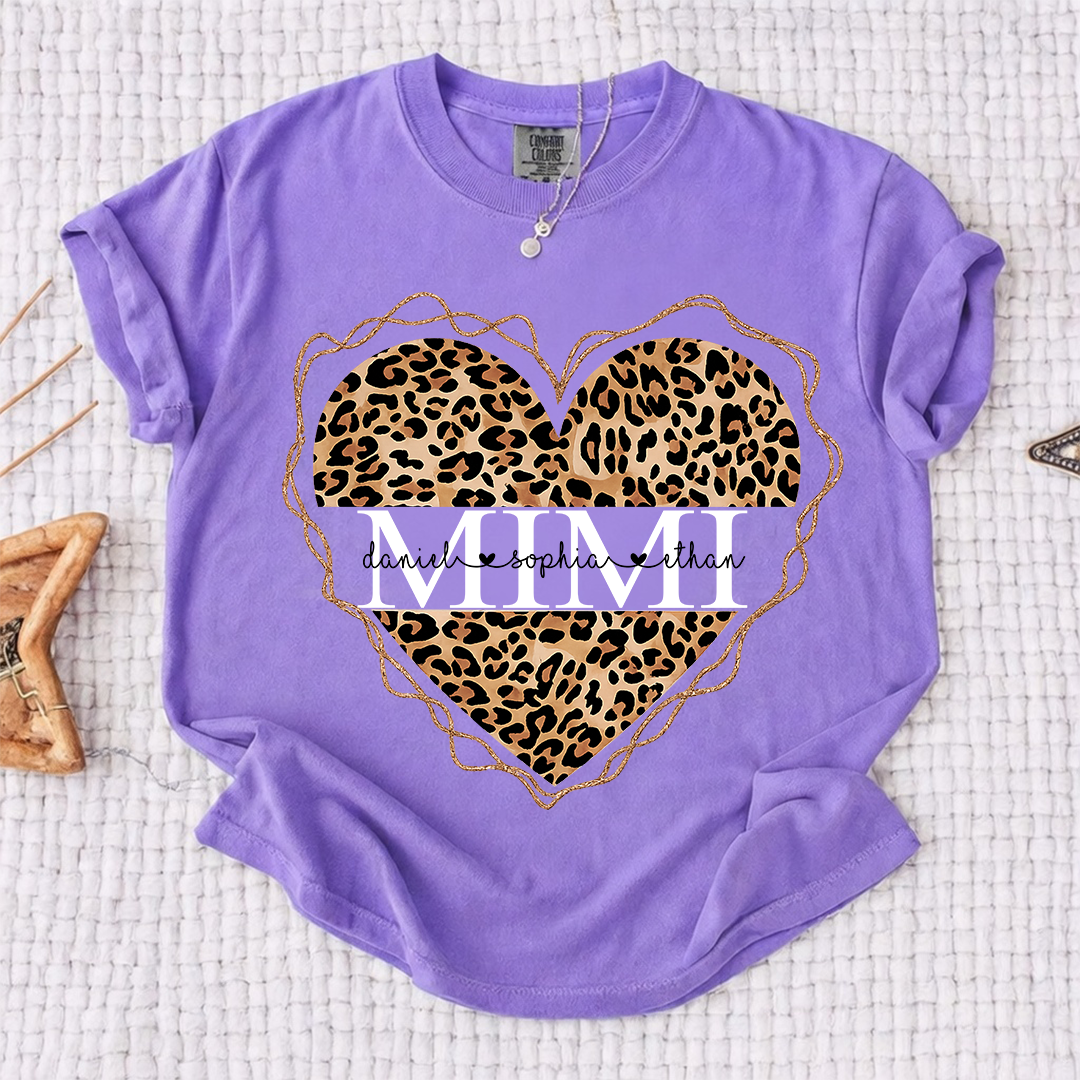 Comfort Colors Personalized Mimi Shirt Leopard Heart Design Custom Grandma Nana Gigi Name Tee with Grandkids Names Trendy Family Outfit for Women