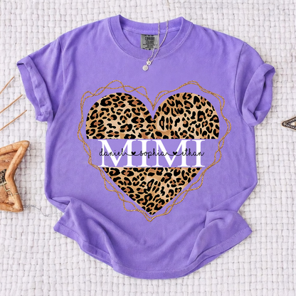 Comfort Colors Personalized Mimi Shirt Leopard Heart Design Custom Grandma Nana Gigi Name Tee with Grandkids Names Trendy Family Outfit for Women