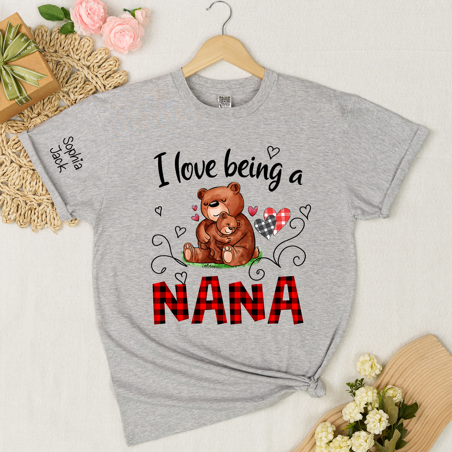 Personalized I Love Being a Nana T-shirt with Custom Names, Cute Bear Graphic, Customizable Gift for Nana