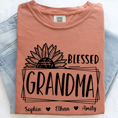 Comfort Colors Blessed Grandma Sunflower Tee with Personalized Names - Gift for Grandma, Mother's Day or Birthday Shirt
