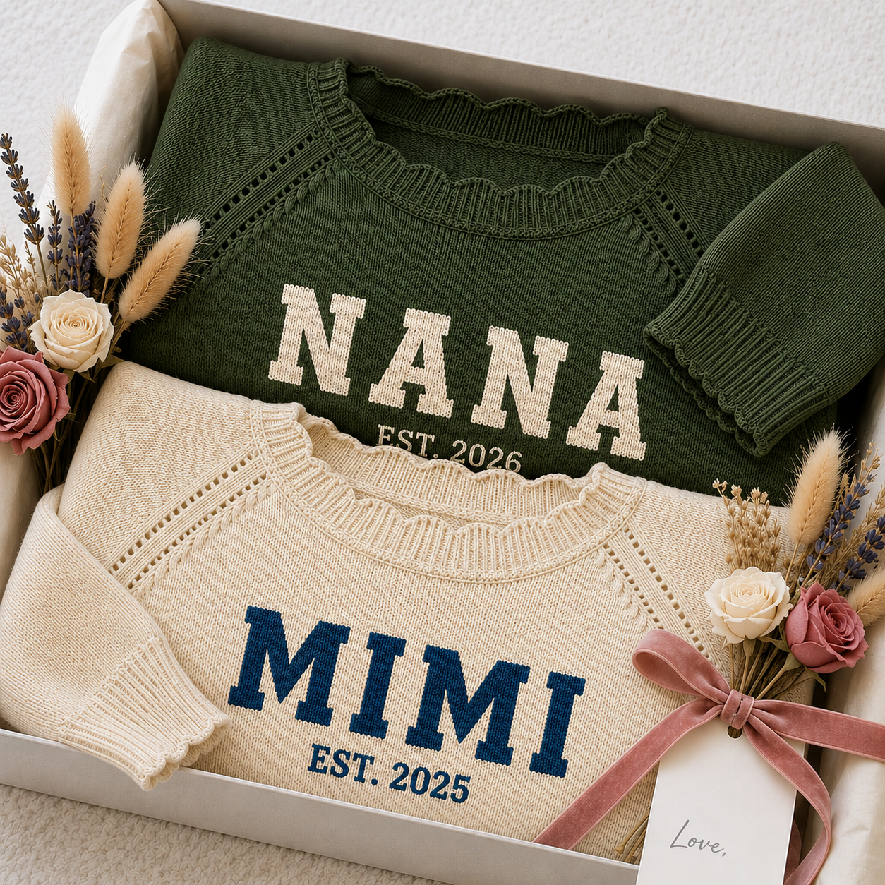 Personalized Mimi EST. 2026 Knit Sweater – Custom Name Cozy Crewneck Pullover Gift