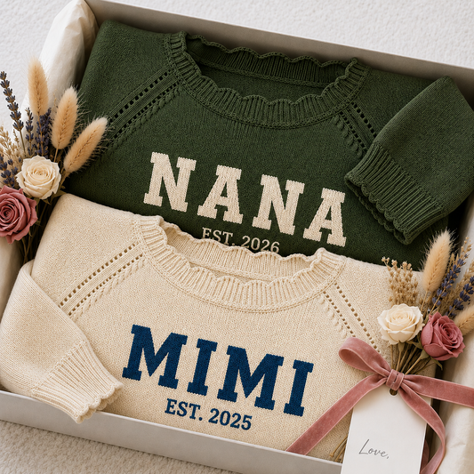 Personalized Mimi EST. 2026 Knit Sweater – Custom Name Cozy Crewneck Pullover Gift