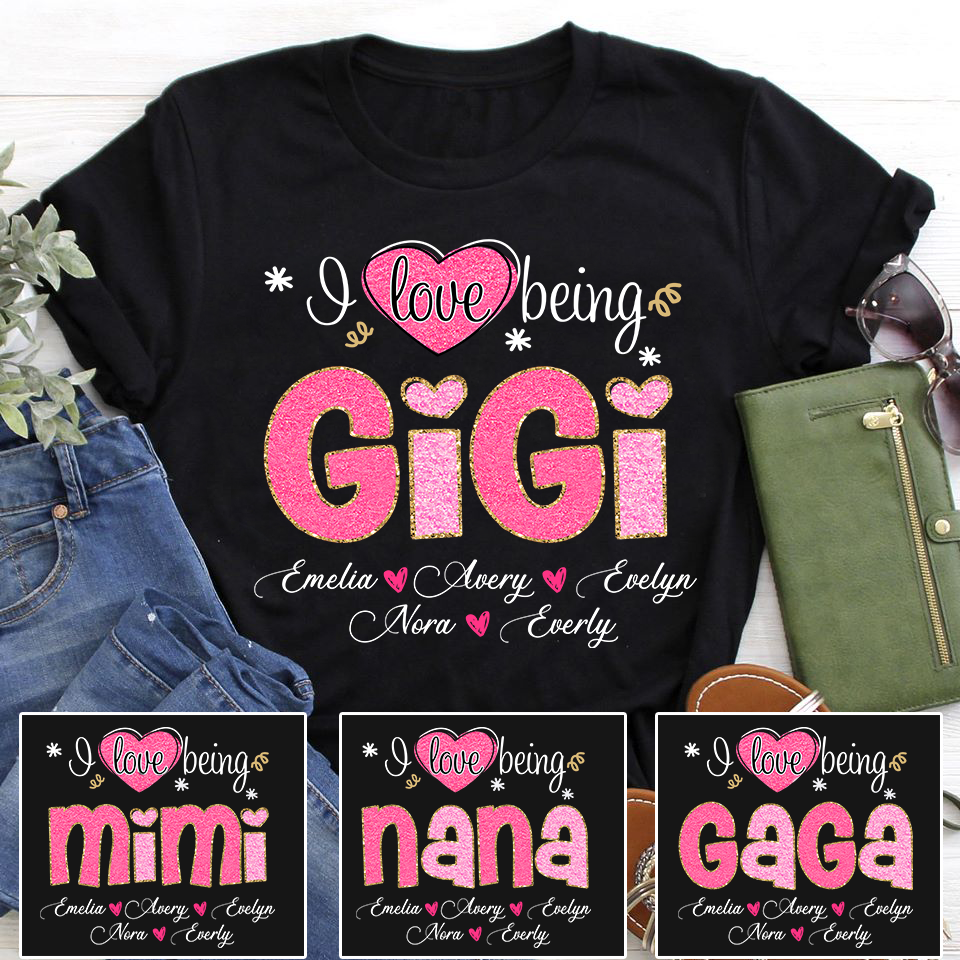 Custom Gigi Glitter Valentine 2024 Shirt, Personalized I Love Being Grandma With Grandkids T-Shirt