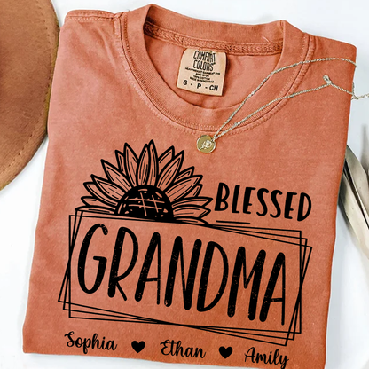 Comfort Colors Blessed Grandma Sunflower Tee with Personalized Names - Gift for Grandma, Mother's Day or Birthday Shirt