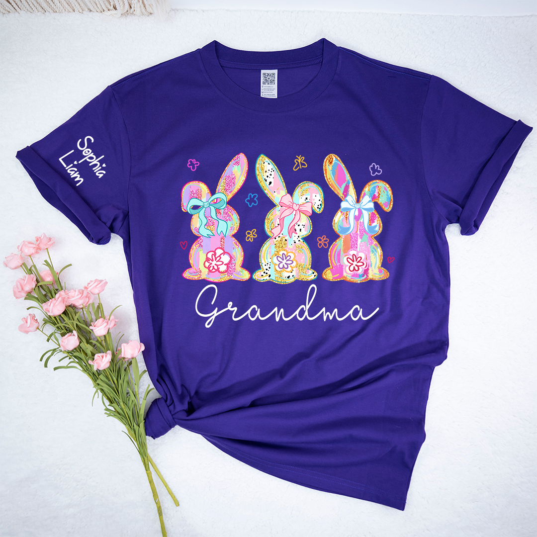 Personalized Grandma Bunny Shirt With Kids Names, Colorful Easter Rabbit Graphic Tee, Custom Family Spring Shirt for Grandma Mimi Nana Gigi