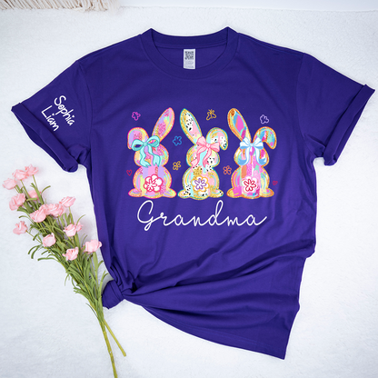Personalized Grandma Bunny Shirt With Kids Names, Colorful Easter Rabbit Graphic Tee, Custom Family Spring Shirt for Grandma Mimi Nana Gigi