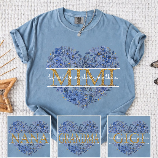 Comfort Personalized Mimi Shirt Blue Floral Heart Design Custom Grandma Nana Gigi Name Tee with Grandkids Names Elegant Family Outfit Gift for Her