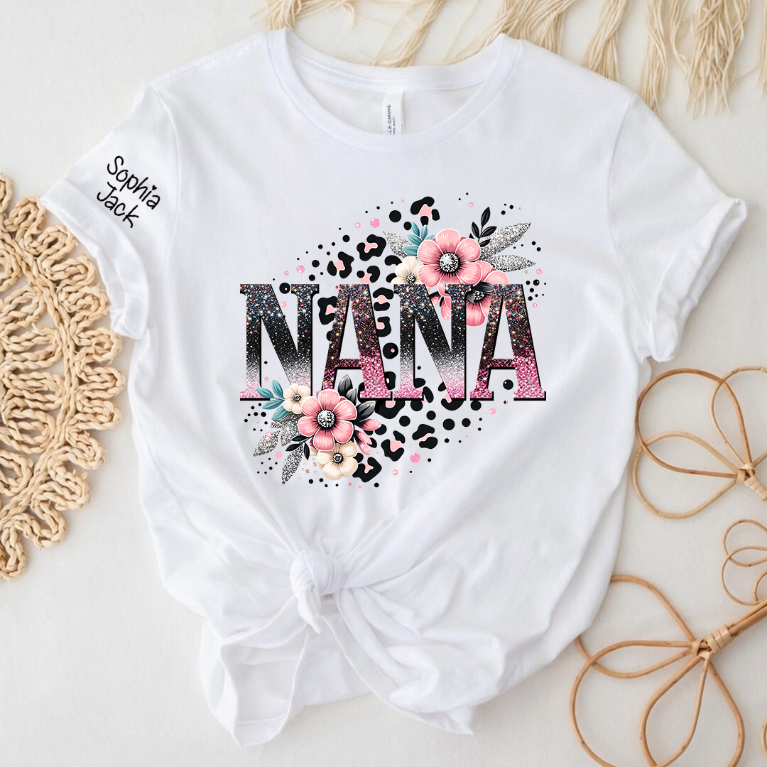 Personalized Floral Leopard Print Shirt for Nana, Mimi, Gigi, Grandma – Custom Name Gift