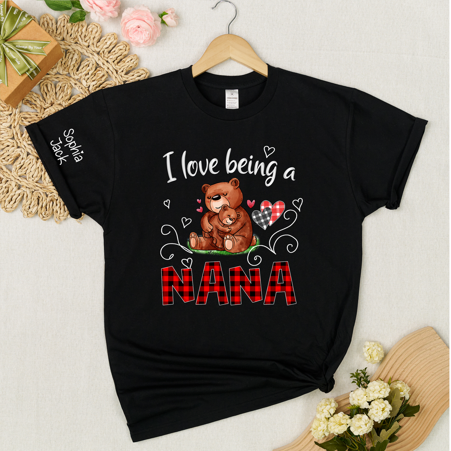 Personalized I Love Being a Nana T-shirt with Custom Names, Cute Bear Graphic, Customizable Gift for Nana