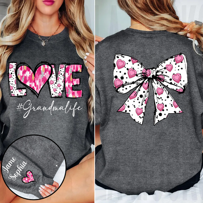 Custom LOVE Grandma Sweatshirt with Pink Heart Bow Design - Personalized with Grandkids' Names - Thoughtful Gift for Grandmothers