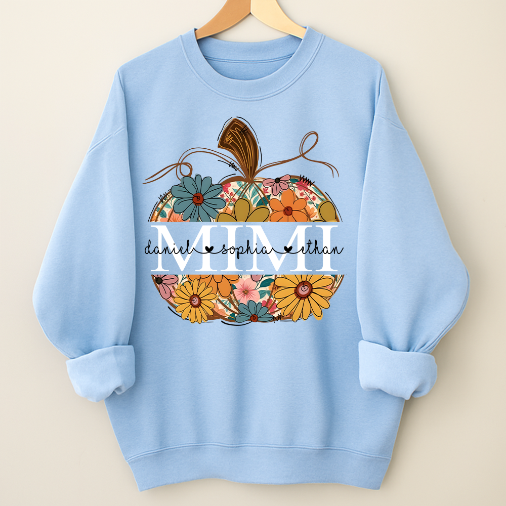 Custom Mimi Pumpkin Sweatshirt with Grandchildren Names, Personalized Floral Fall Shirt, Grandma Thanksgiving Gift