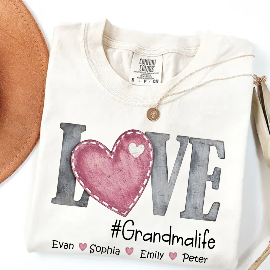 Comfort Colors®'s Personalized Grandma Life T Shirt With Kids Names, Love Heart Graphic Shirt for Nana Mimi Gigi Grandma, Custom Family Name Tee, Soft Casual Everyday Wear