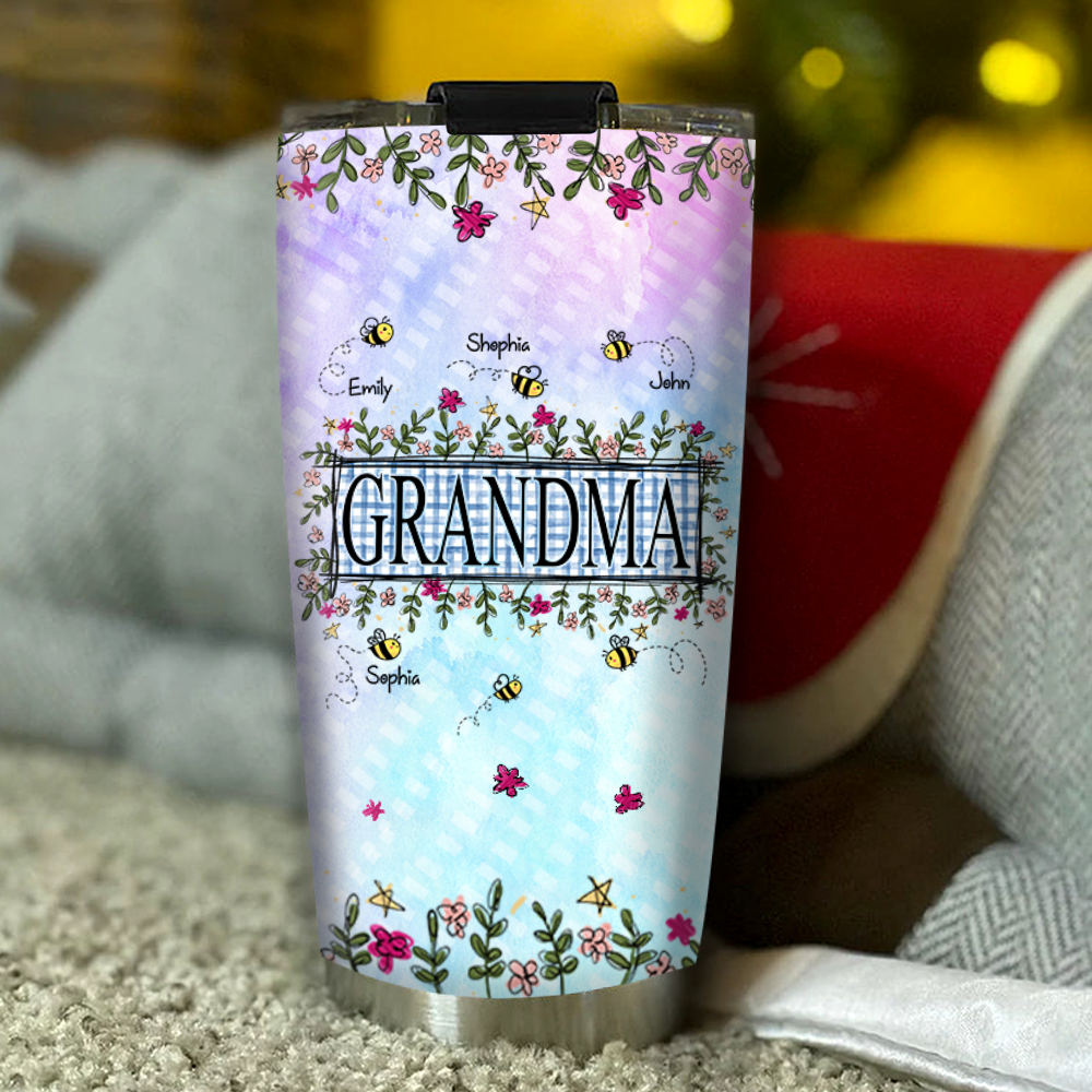 Personalized Water Cups, Custom Flower Grandma And The Kids Bee. Portable Water Cup With Lid