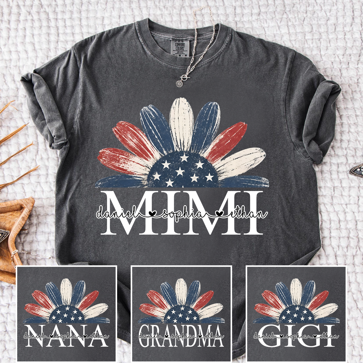 Comfort Colors Floral Mimi T Shirt, Custom Name Design with American Flag, Personalized Grandma Gift, Patriotic 4th of July Shirt