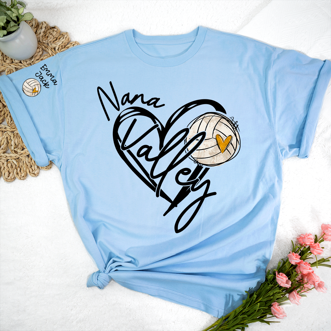 Personalized Nana Volleyball T Shirt, Custom Names with Heart and Volleyball Graphic