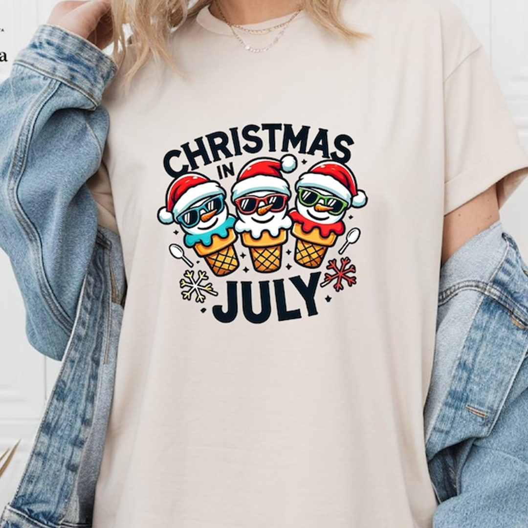 Christmas in July T-Shirt – Funny Summer Holiday Ice Cream Snowman Graphic Tee for Women