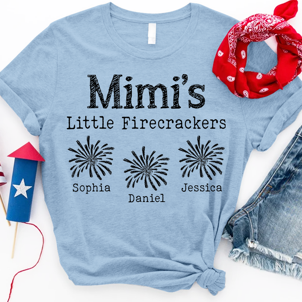 Mimi's Little Firecrackers Personalized T Shirt with Custom Kids' Names, Perfect for Independence Day