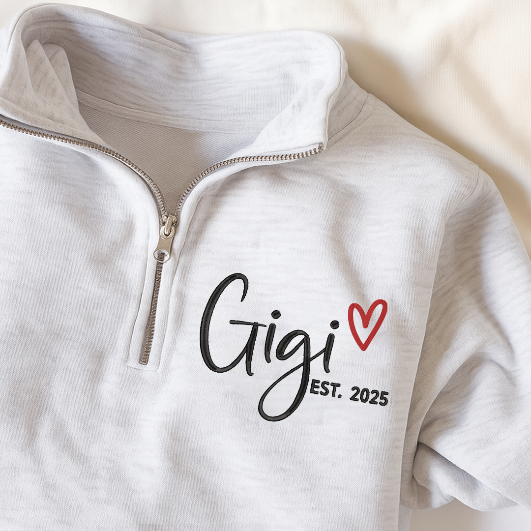 Custom Gigi Heart Embroidered Zip Sweater, Personalized For Grandma with Grandchild Names