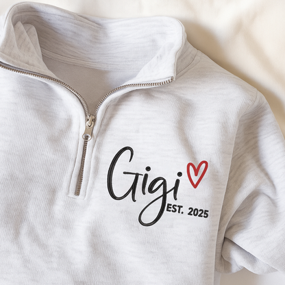 Custom Gigi Heart Embroidered Zip Sweater, Personalized For Grandma with Grandchild Names