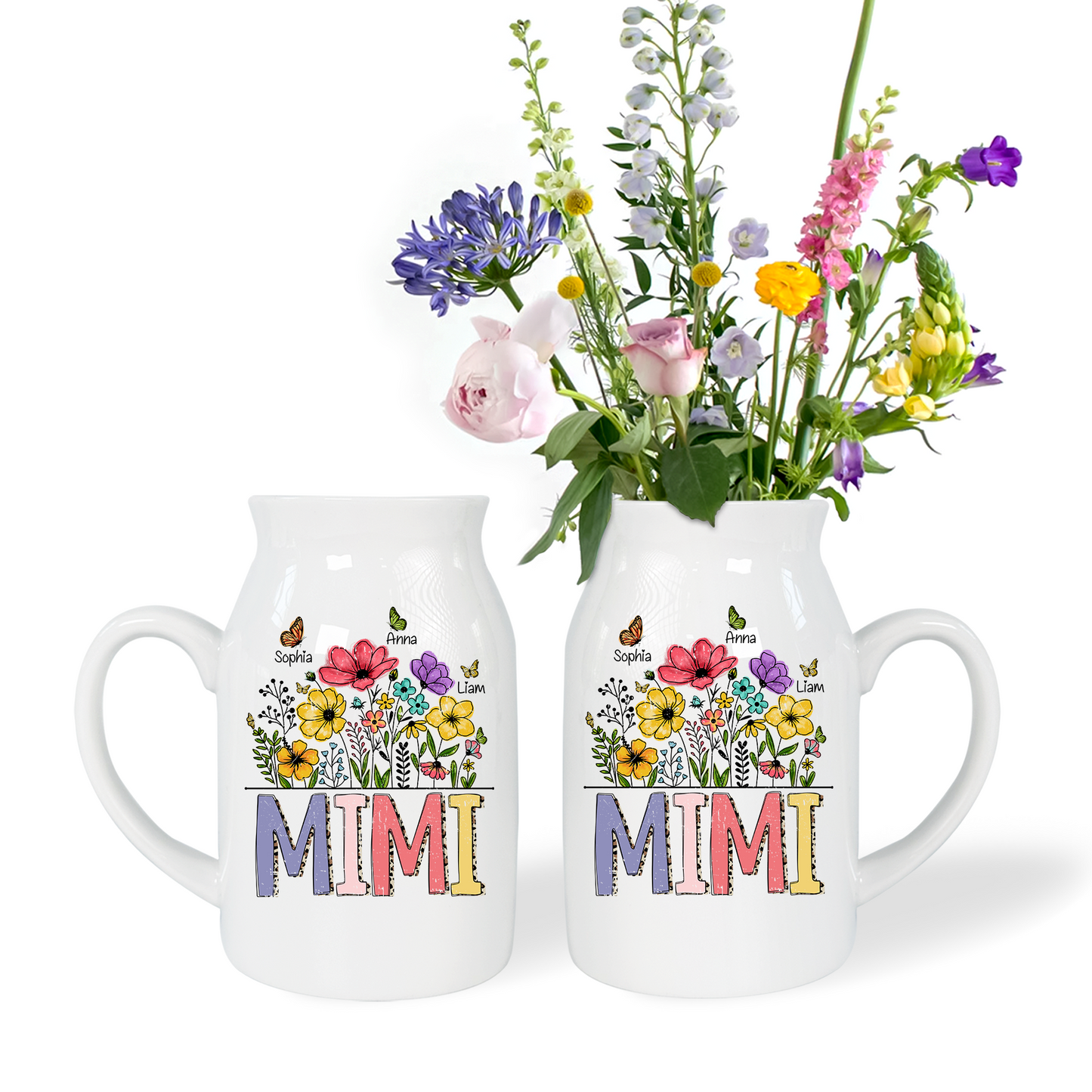 Wild Flower, Hand Drawn Blooming Wildflower Mimi And Kids - Custom Home Decoration Flower Vase According To Family Requirements - Warm Gift For Mother's Day, Ceramic Flower Vase