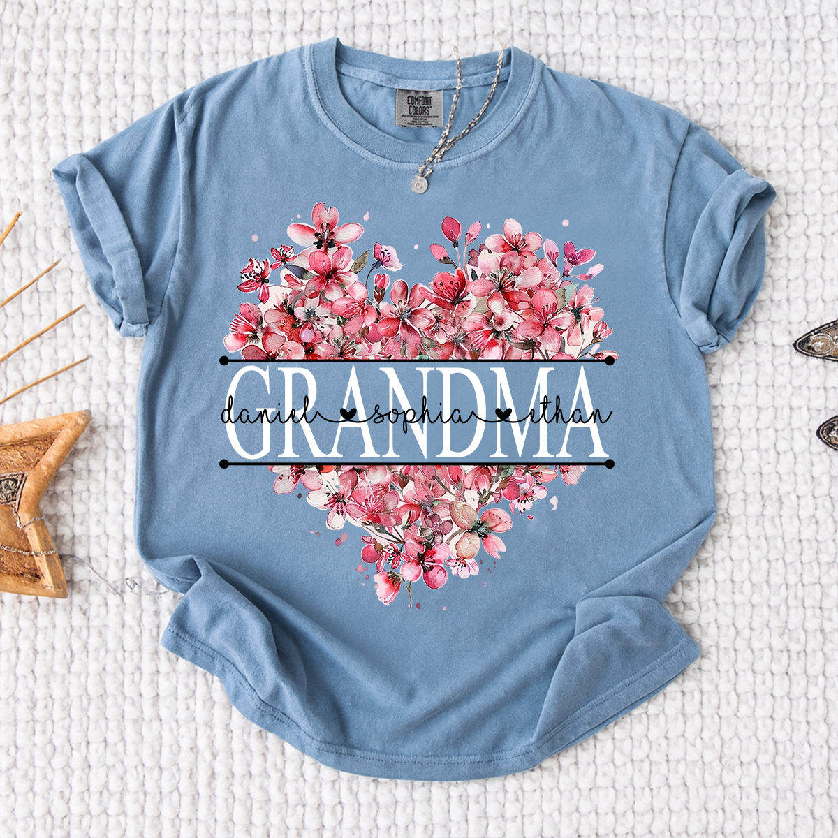 Comfort Colors Floral Heart Grandma Shirt, Custom Family Names and Heart Floral Design T Shirt