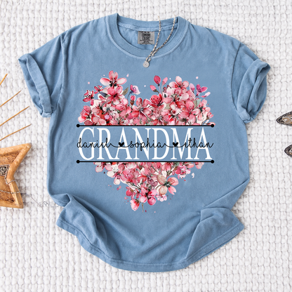 Comfort Colors Floral Heart Grandma Shirt, Custom Family Names and Heart Floral Design T Shirt