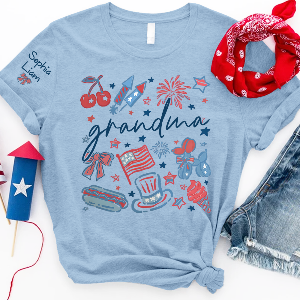 Grandma Custom T Shirt, Independence Day Themed Design with Fireworks, Stars, and USA Icons