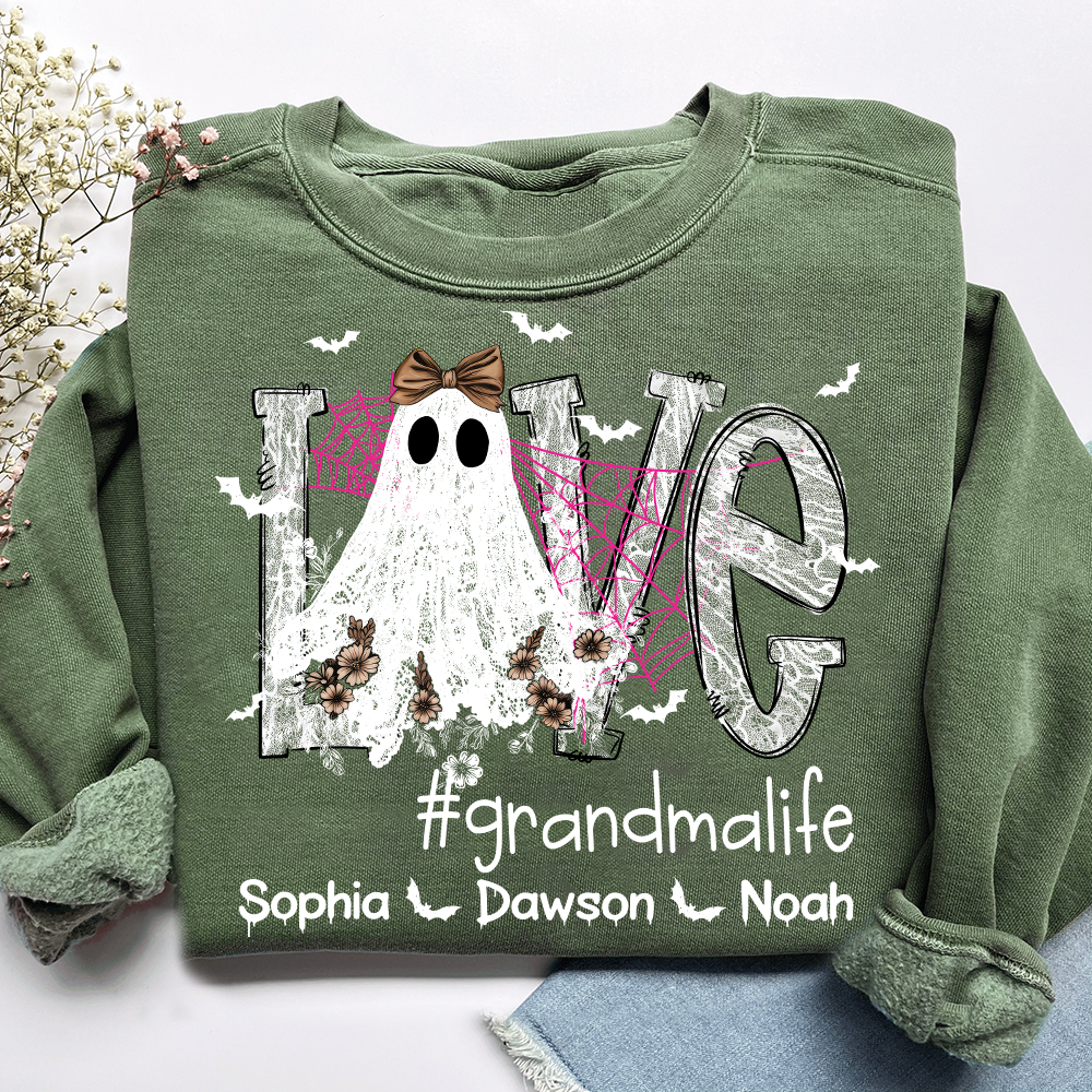 Personalized Mimi Life Halloween Sweatshirt, Custom Love Ghost Shirt with Kids Names